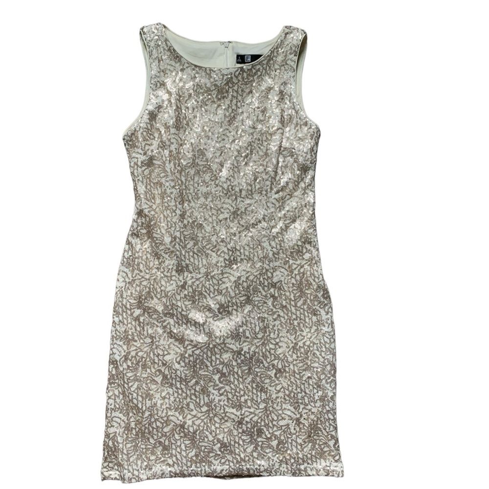 Leslie Fay White and Silver Sequin Bodycon Dress 6